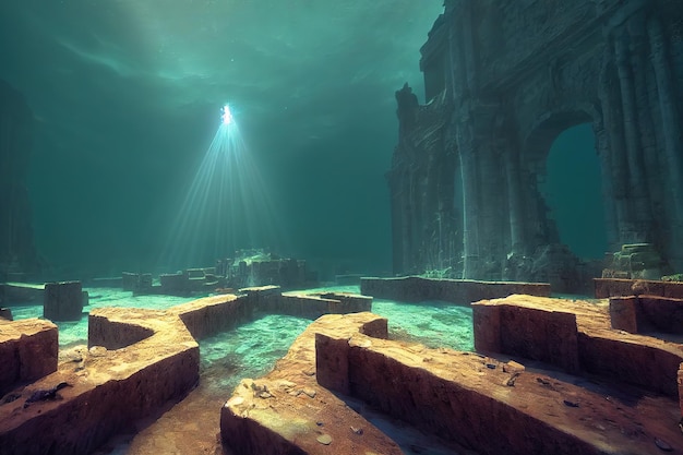 A white spotlight illuminates the stone wreckage of the sunken temple 3D rendering