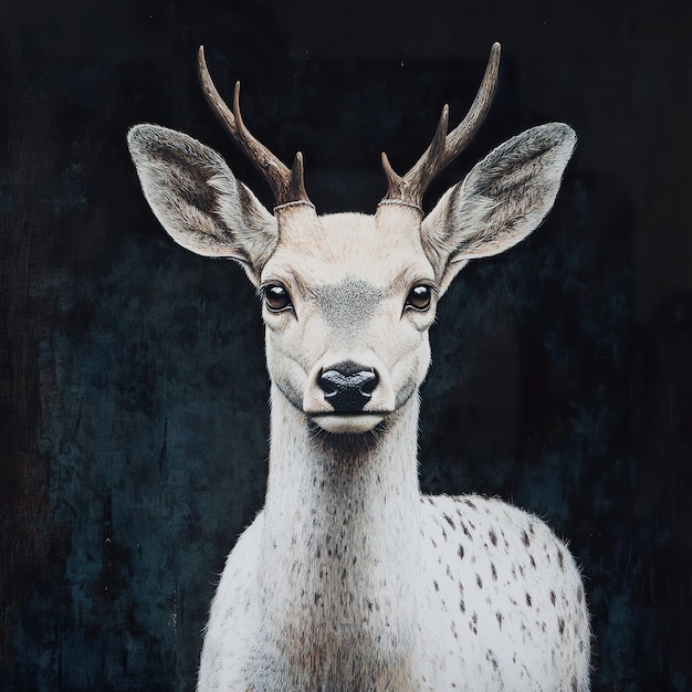 a white spotted deer portrait against dark background