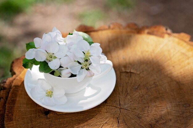 白い春のリンゴの花は、自然な木製の背景のコーヒーカップに花が咲きます。春夏のコンセプトです。コピースペース。