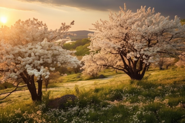 White spring flowering trees on a background of a green hill which is highlighted by the setting sun