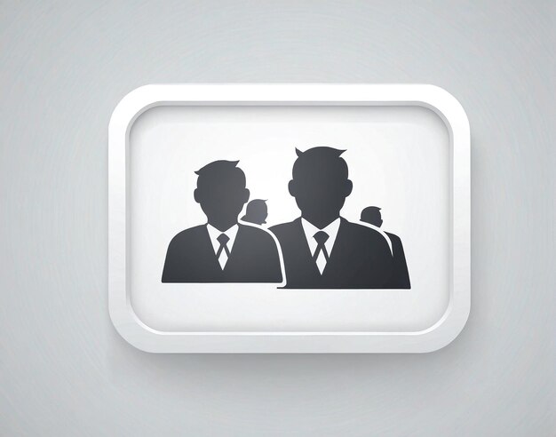 a white square button with a silhouette of two men in suits