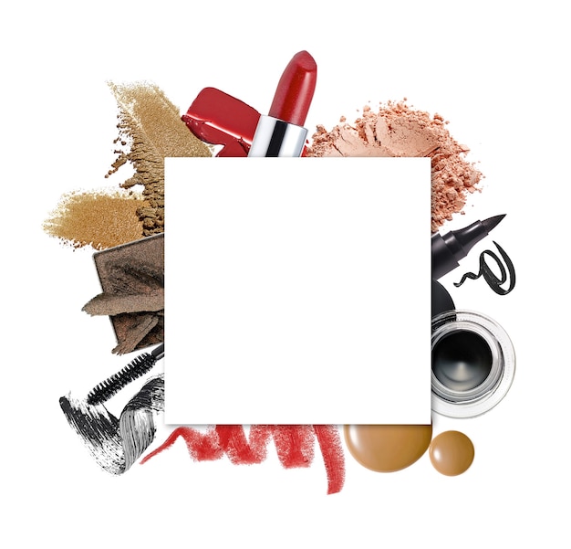 White square copy space on set of beauty products  Flat laytop view