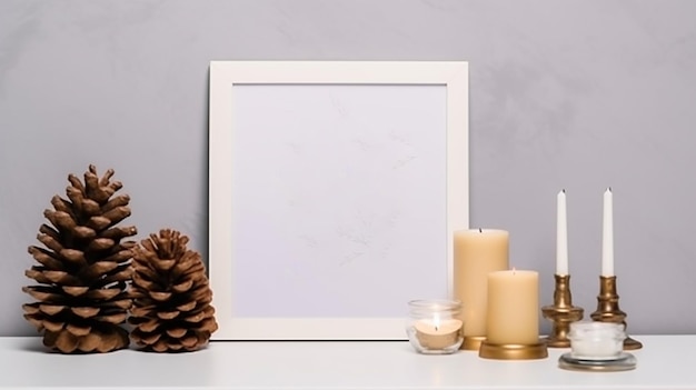 Белый квадратный макет с букетом еловой свечи и подарком на белом столе