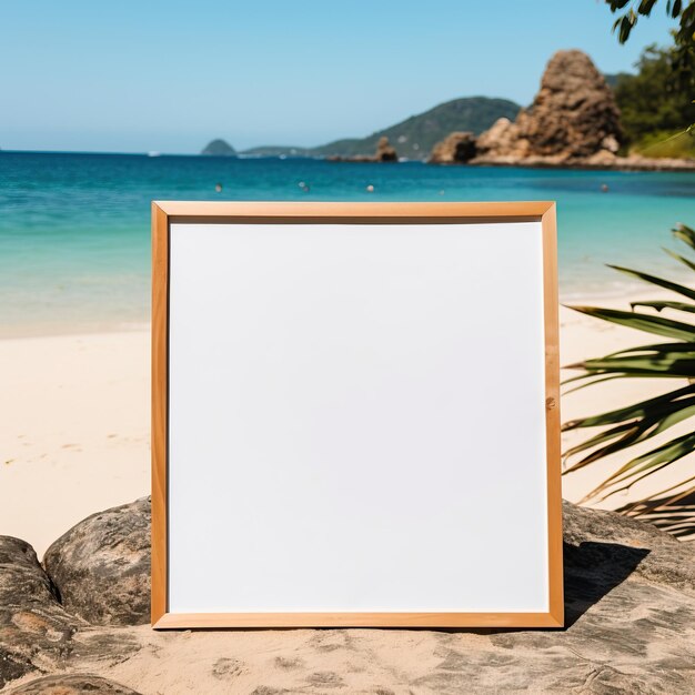 a white square frame on a rock on a beach