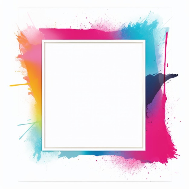 a white square frame with colorful paint splatters on a white background