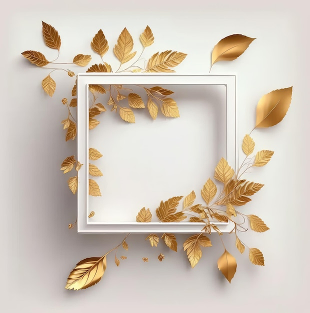 White square frame with golden leaves Generative AI