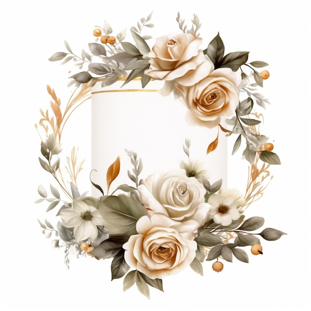 A white square frame with roses and leaves on it.