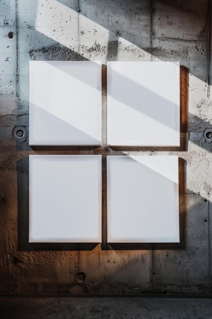 a white square is on a concrete wall with the sun shining through the window