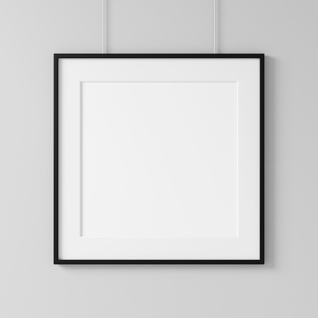 검은색 프레임 모형이 벽에 매달려 있는 흰색 사각형 포스터, 3d 렌더링
