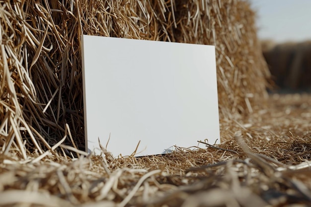Photo a white square sign sitting on top of a pile of hay