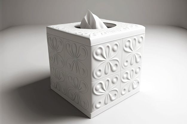 Photo white square tissue box with convex pattern with white napkin on gray background