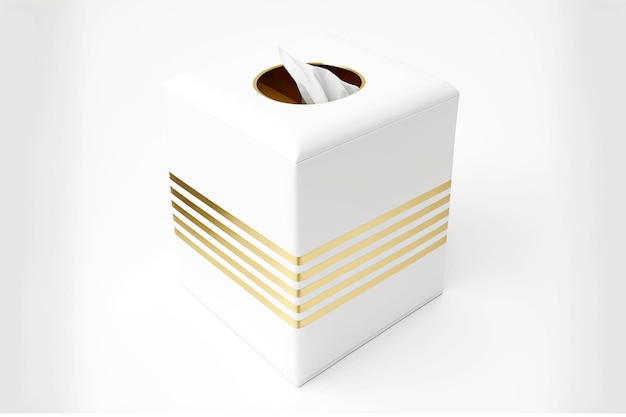 Photo white square tissue box with gold stripe on white background