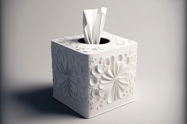 White square tissue box with pattern in form of impression of sea moluses