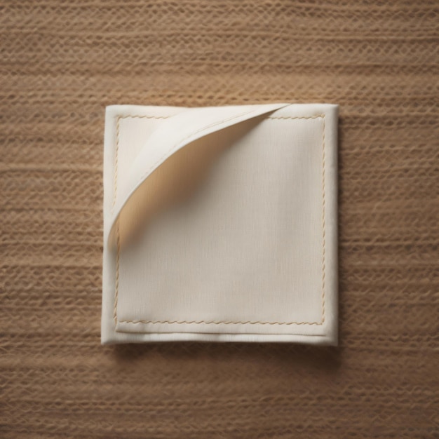 A white square with a gold ribbon on it sits on a wooden surface.