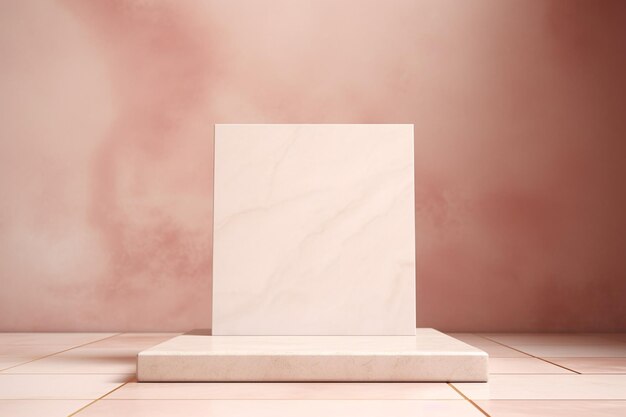 White squared podium pedestal on beige pink marble background and shadows on the wall blank scene