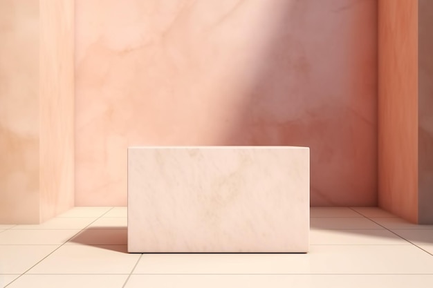 White squared podium pedestal on beige pink marble background and shadows on the wall blank scene