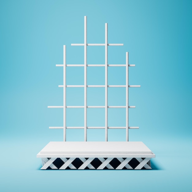 White Squared Product Display Podium on Blue Background with Net Decoration