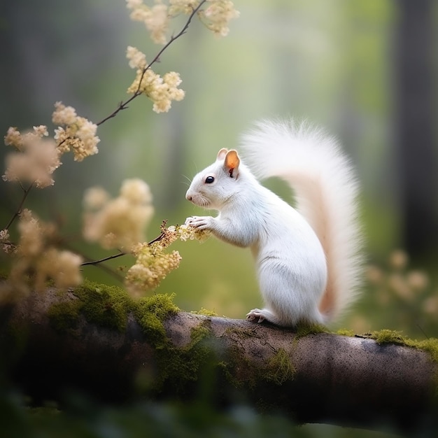 A white squirrel sits on a branch in a forest with flowers.