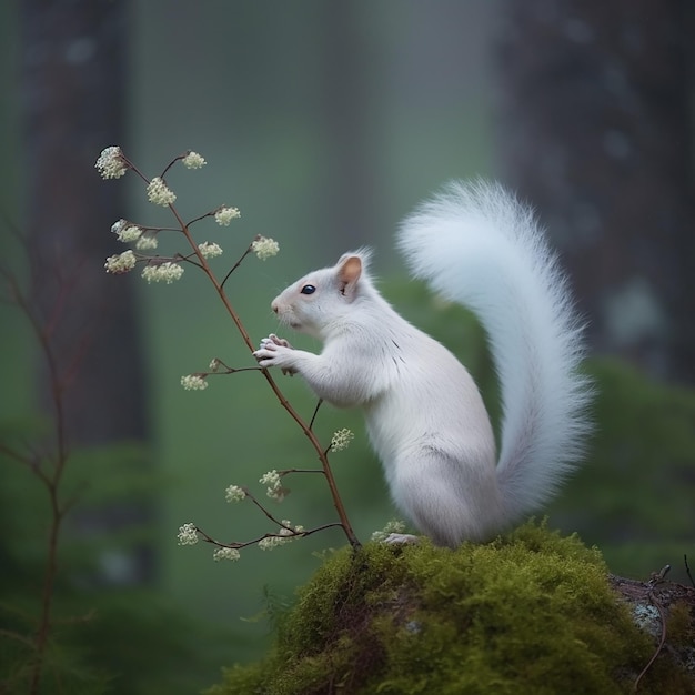 A white squirrel with a white tail sits on a mossy stump in a forest.