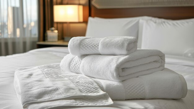 a white stack of towels in the hotel room closeup