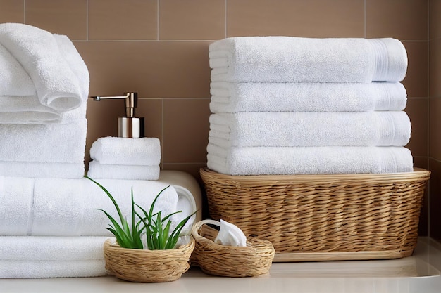Pila bianca asciugamani da bagno puliti e ben piegati sul tavolo