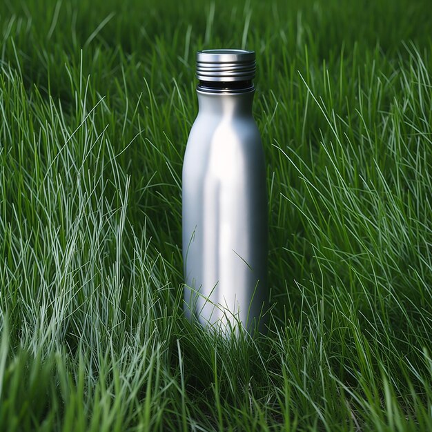 white stainless thermo bottle sitting in grass