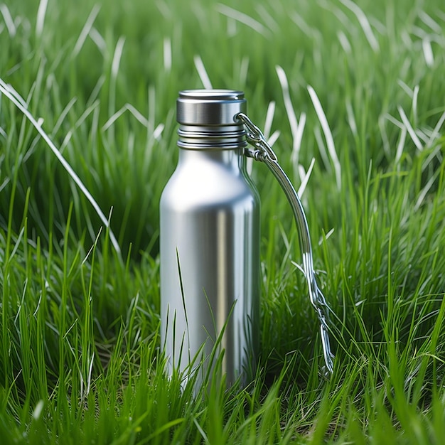 white stainless thermo bottle sitting in grass