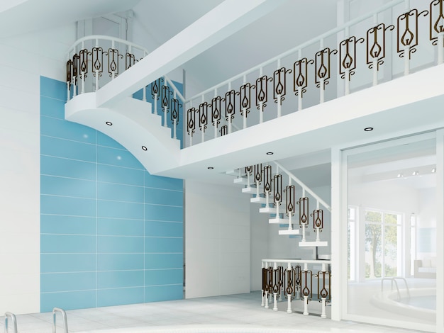 White staircase with forged rails in the pool. 3D rendering.