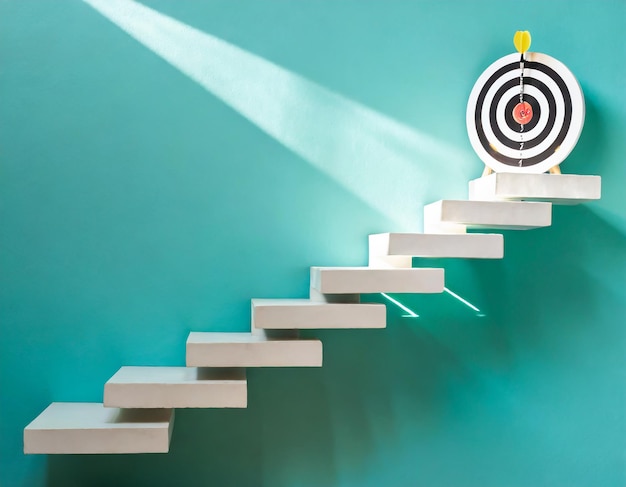 White stairs to goal target dartboard the business creative idea concepts on light blue green pastel...