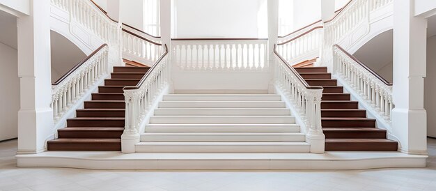 Photo white stairs going both up and down with brown handrails