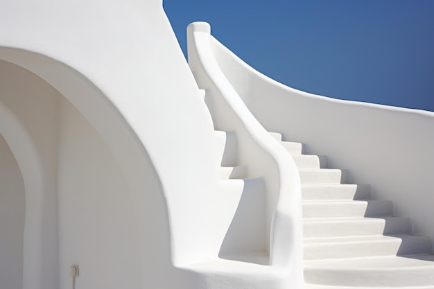 White Stairs Leading to Terrace in the Beautiful Mediterranean Island of Santorini Greece