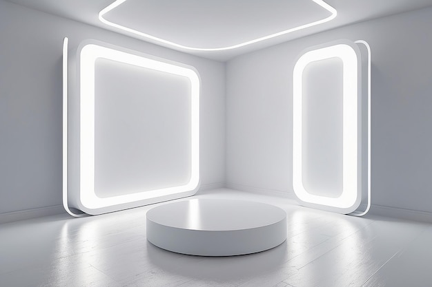 white stand and neon light in the white room3d rendering