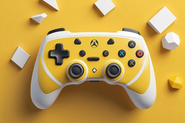 White standard game controller joystick gamepad on a yellow background with abstract geometric shapes 3d rendering