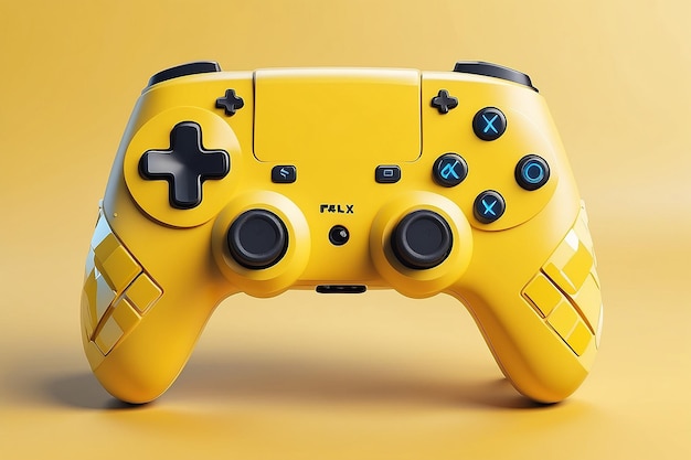 White standard game controller joystick gamepad on a yellow background with abstract geometric shapes 3d rendering