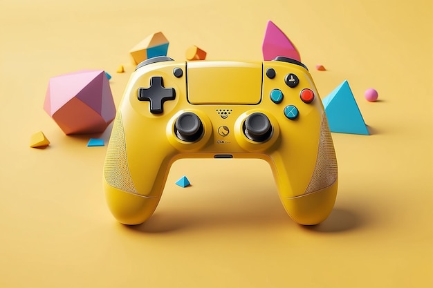 White standard game controller joystick gamepad on a yellow background with abstract geometric shapes 3d rendering