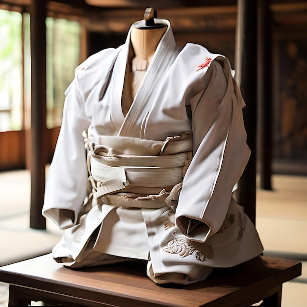 white standard judo uniform carefully folded and placed on a wooden stand generated by AI