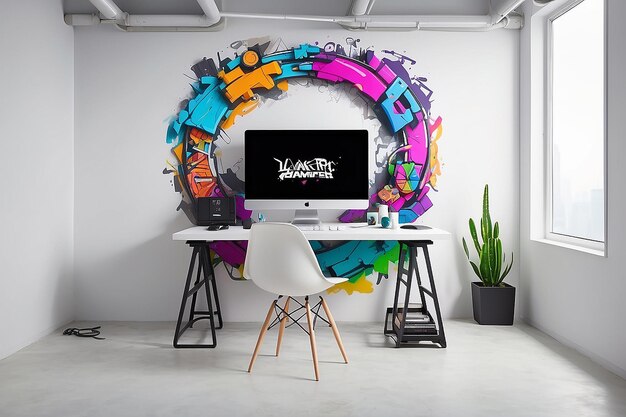 White Standing Desk Chair and Blank Wall for Digital Graffiti