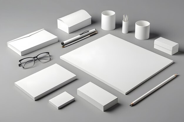 Белый шаблон макета канцелярских изделий для идентификации бренда на сером фоне для графических дизайнеров