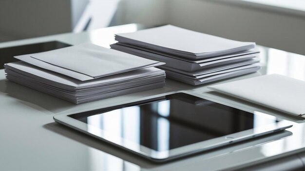 White stationery and tablet on desk