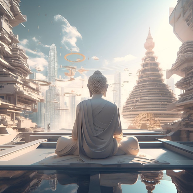 A white statue of a meditating Buddha back to the camera against the backdrop of a futuristic city Light colors summer day AI generated content