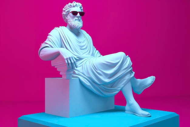 Белая статуя Платона в крутой позе в пурпурных и голубых 3D-очках готова к вечеринке AI Generative