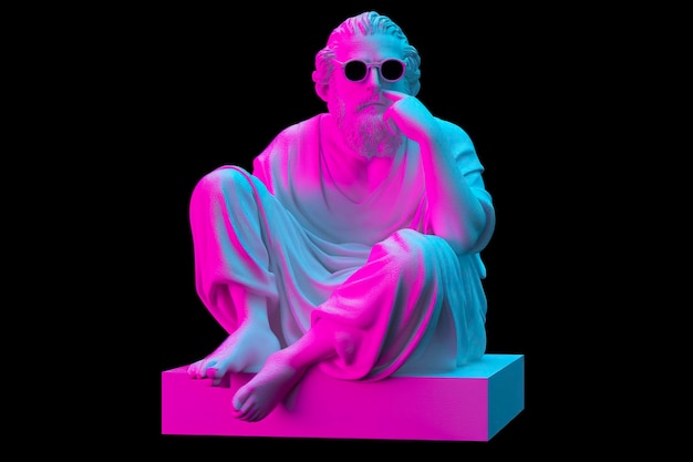 A white statue of Plato in a cool pose wearing magenta and cyan 3D glasses ready to party AI Generative