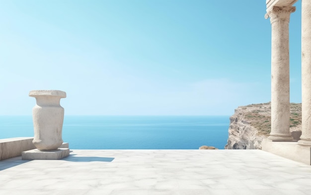 A white statue stands on a white platform overlooking the sea.