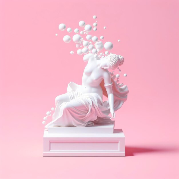 A white statue with bubbles coming out of it on solid pink background ai generative
