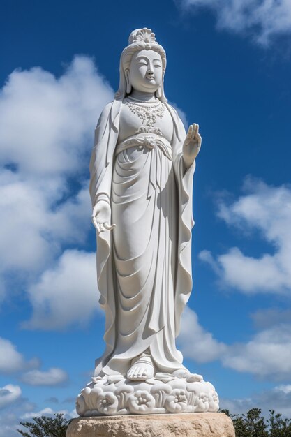 A white statue of a woman stands in front of a blue sky.