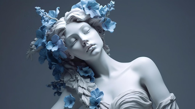 White statue woman with blue flowers Generative ai