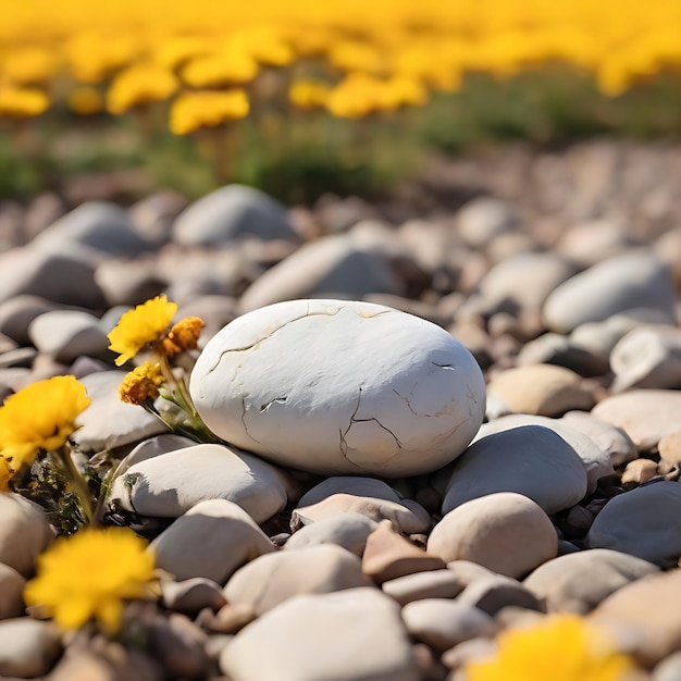 Photo white stone on a background of yellow flowers generated by ai