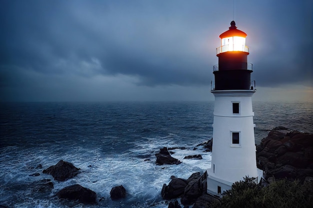 White stone illuminated lighthouses standing on rocky shore of calm sea