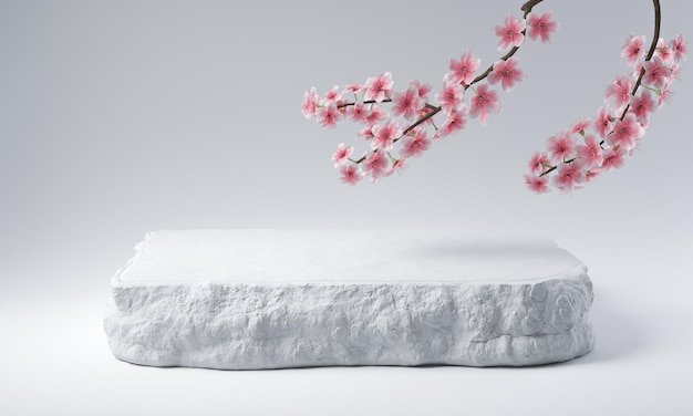 사진 흰색 배경 3d 렌더링에 꽃 꽃이 있는 화이트 스톤 플레이트 연단 디스플레이