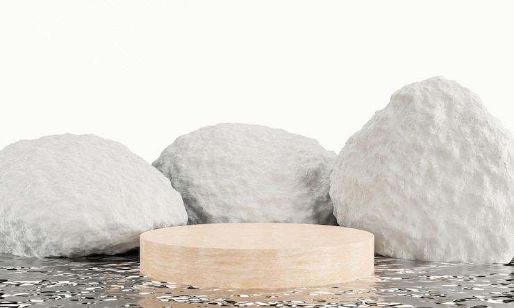 Фотография белый каменный подиум, выставочная витрина с фоном отражения воды. 3d рендеринг